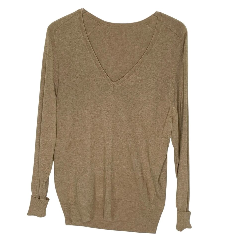 Coach Tan V Neck Lightweight Sweater OS Wool Alpaca Blend Long Sleeves *flaw